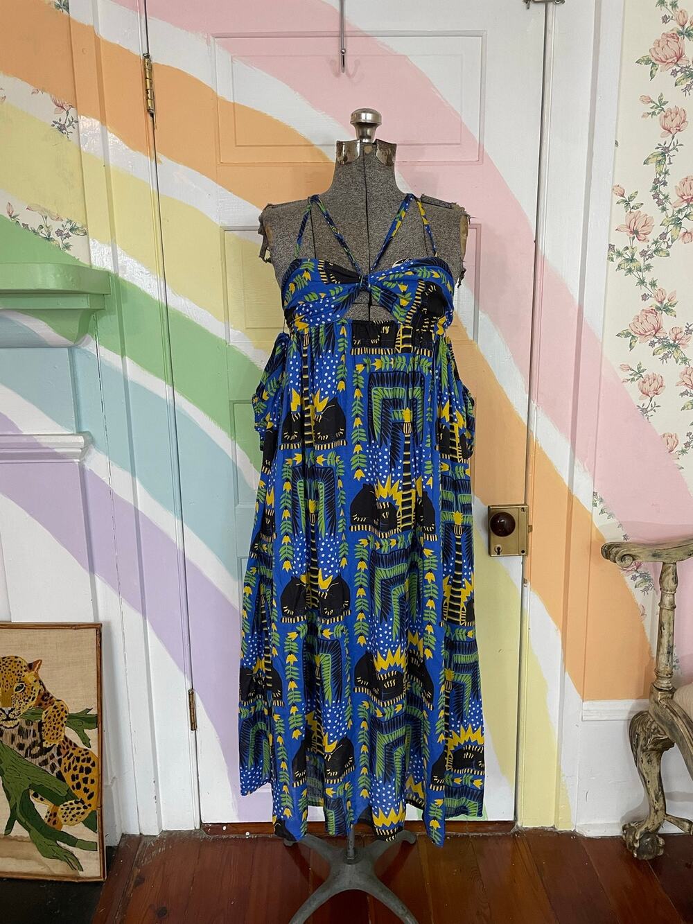 Anthropologie Incerti Cat Print Maxi Dress XS Removable Puff Sleeve Boho